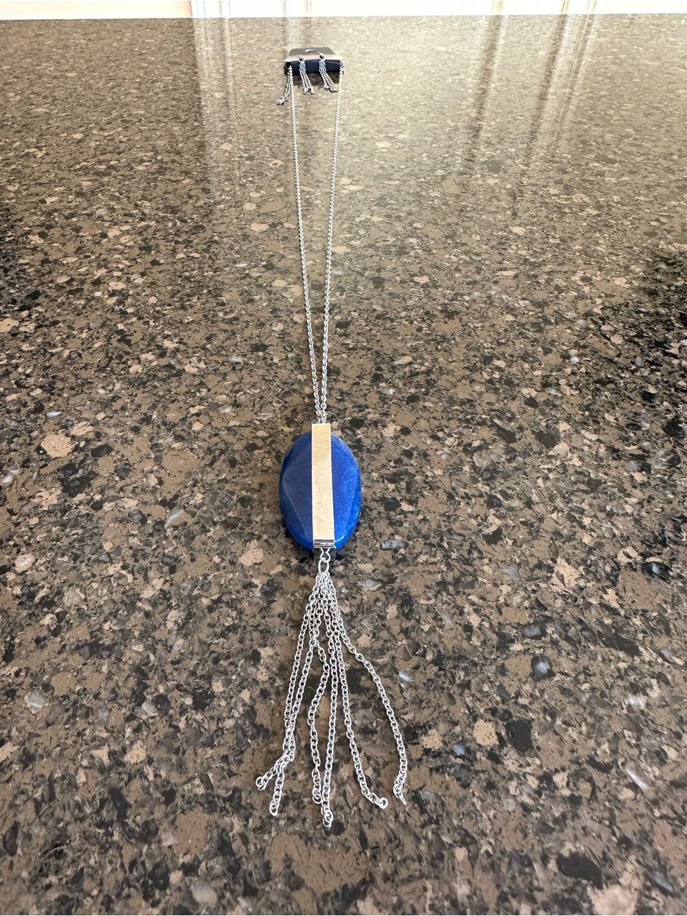 Paparazzi Royal Blue Oval Pendant with Silver Bar Tassel Necklace and earrings